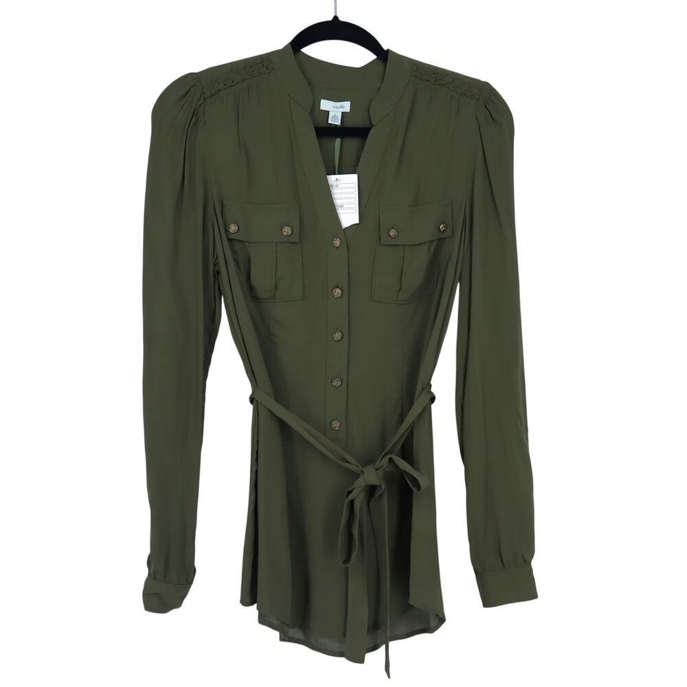 Odille Facile Camp Shirt Olive Green Belted Popover Tunic Long Sleeve Women's 4